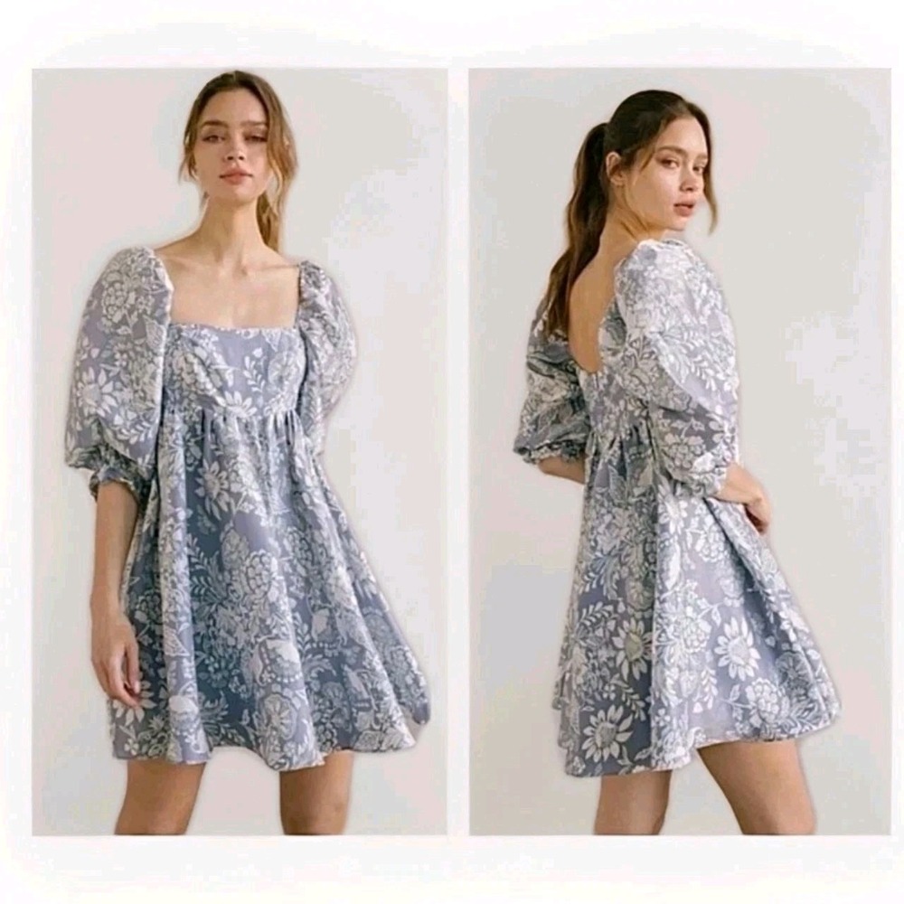 Storia Floral Puff Sleeve Empire Waist Baby Doll Dress - Size S Boho Whimsical